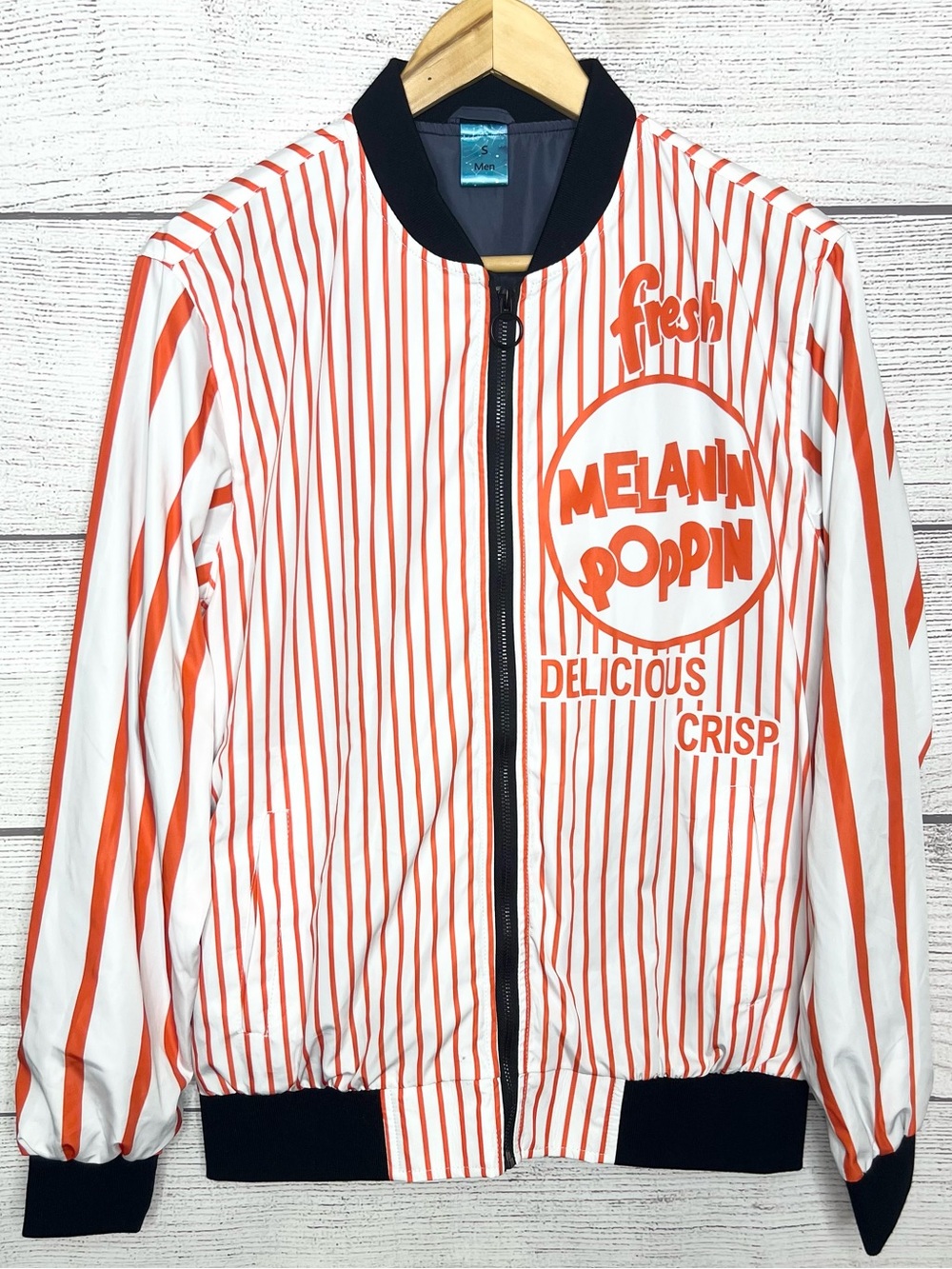 Melanin Poppin Red & White Striped Zip Up Bomber Jacket Men’s Size Small